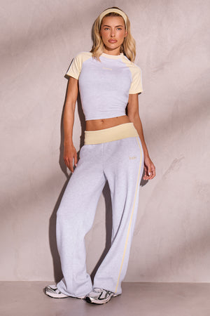 Kaiia Striped Foldover Wide Leg Joggers Light Grey Marl & Lemon