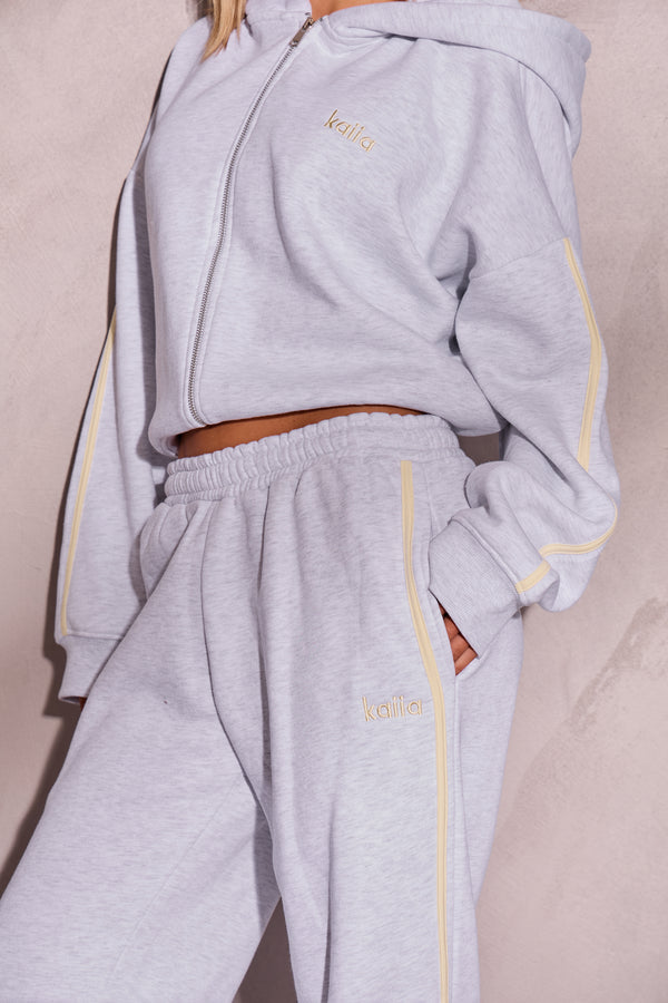 Kaiia Logo Side Stripe Wide Leg Joggers Light Grey Marl & Lemon