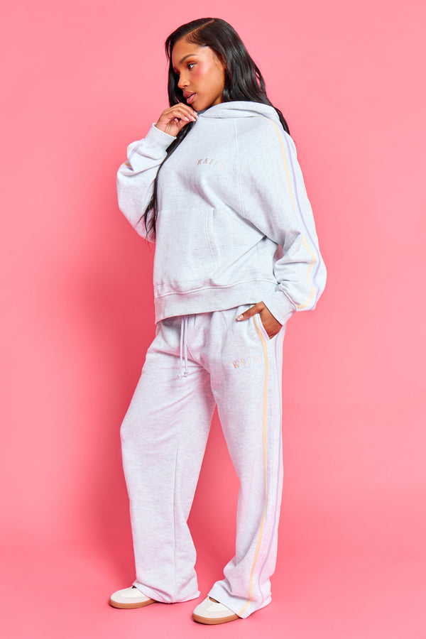Kaiia Sport Side Stripe Wide Leg Joggers Light Grey Marl With Lemon & Lilac