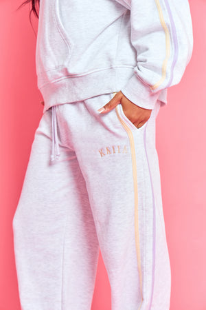 Kaiia Sport Side Stripe Wide Leg Joggers Light Grey Marl With Lemon & Lilac