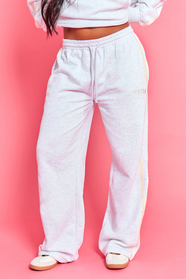 Kaiia Sport Side Stripe Wide Leg Joggers Light Grey Marl With Lemon & Lilac
