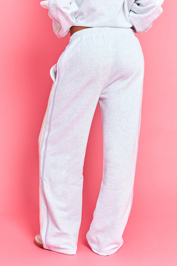 Kaiia Sport Side Stripe Wide Leg Joggers Light Grey Marl With Lemon & Lilac