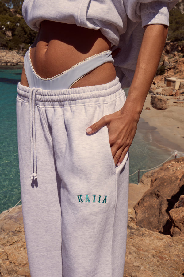 Kaiia Logo Wide Leg Joggers Light Grey Marl & Turquoise