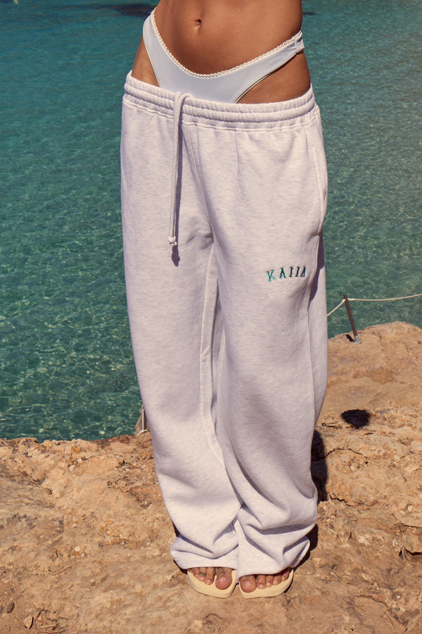 Kaiia Logo Wide Leg Joggers Light Grey Marl & Turquoise