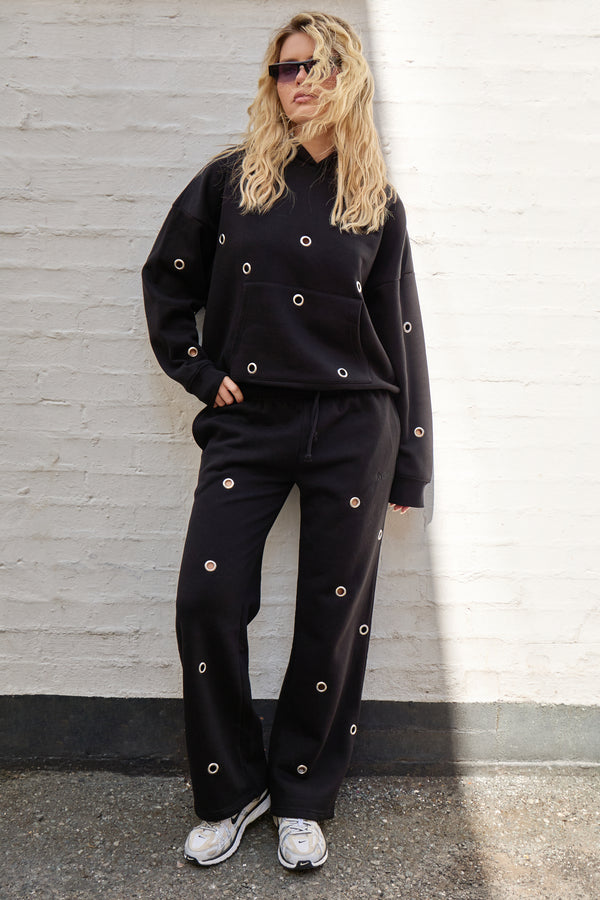 Kaiia Eyelet Wide Leg Joggers Black
