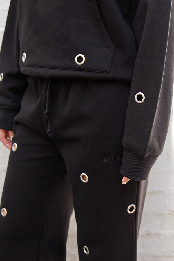 Kaiia Eyelet Wide Leg Joggers Black