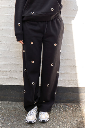 Kaiia Eyelet Wide Leg Joggers Black
