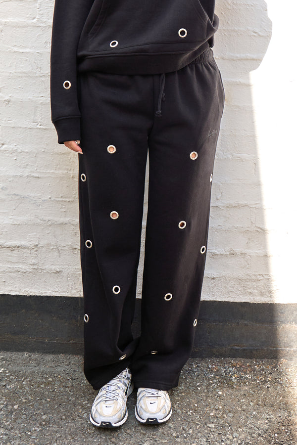 Kaiia Eyelet Wide Leg Joggers Black