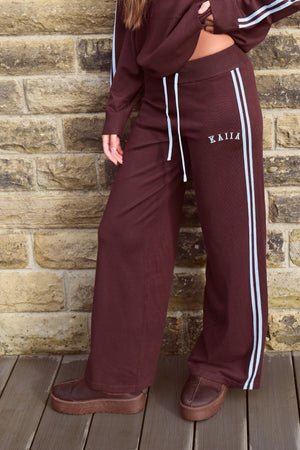 Kaiia Lightweight Knit Side Stripe Wide Leg Trousers Chocolate & Baby Blue