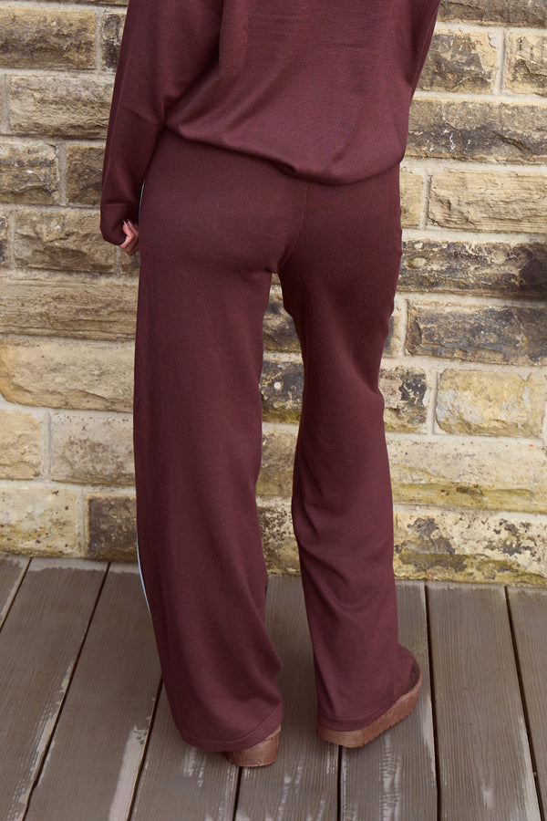 Kaiia Lightweight Knit Side Stripe Wide Leg Trousers Chocolate & Baby Blue