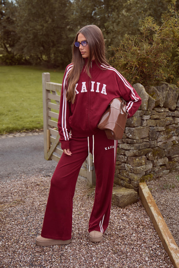 Kaiia Lightweight Knit Side Stripe Wide Leg Trousers Dark Cherry & Cream
