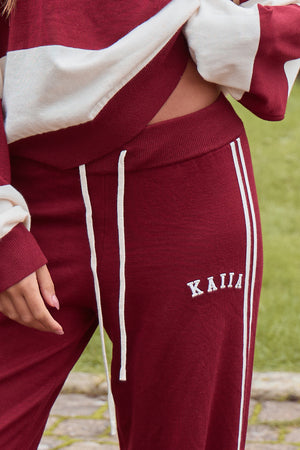 Kaiia Lightweight Knit Side Stripe Wide Leg Trousers Dark Cherry & Cream