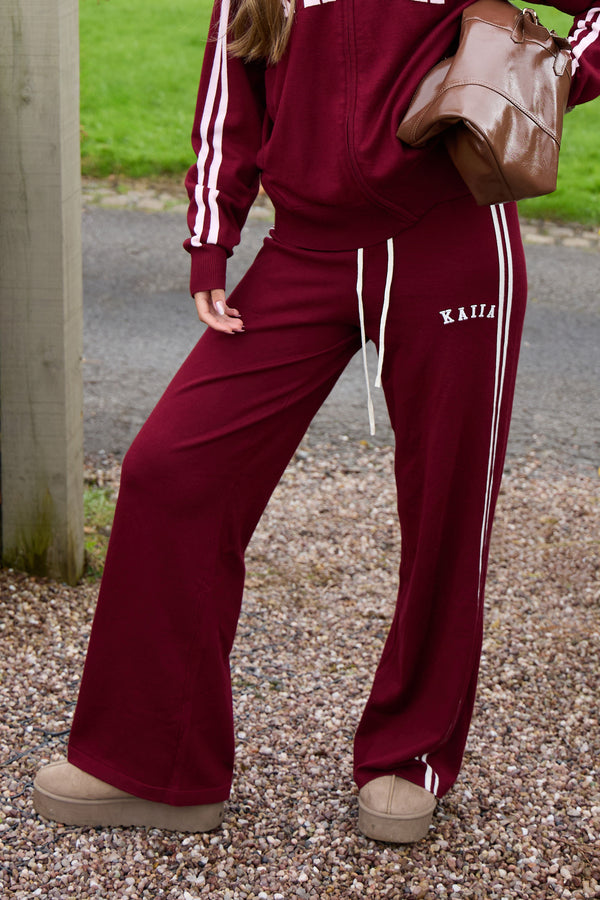 Kaiia Lightweight Knit Side Stripe Wide Leg Trousers Dark Cherry & Cream