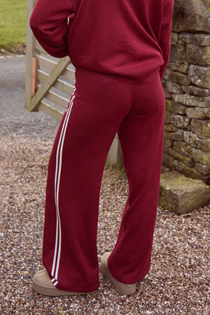 Kaiia Lightweight Knit Side Stripe Wide Leg Trousers Dark Cherry & Cream