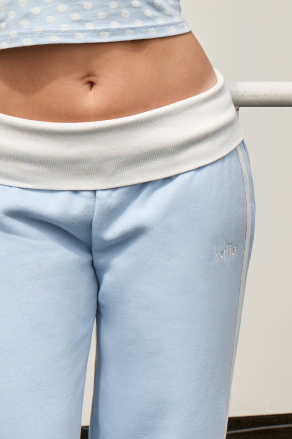 Kaiia Foldover Wide Leg Joggers Powder Blue & Cream