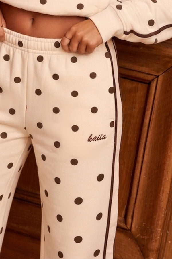 Kaiia Polka Dot Side Stripe Wide Leg Joggers Cream & Chocolate