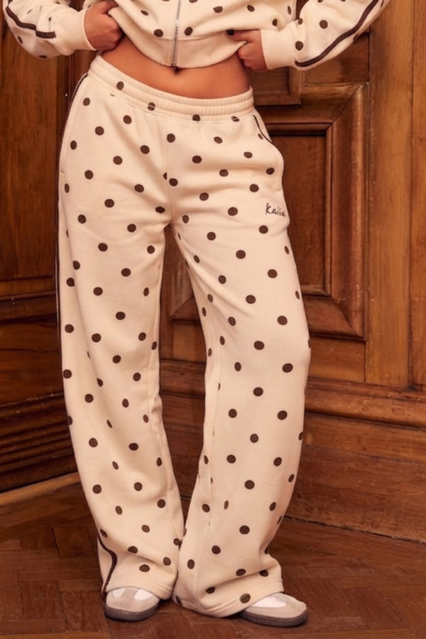 Kaiia Polka Dot Side Stripe Wide Leg Joggers Cream & Chocolate