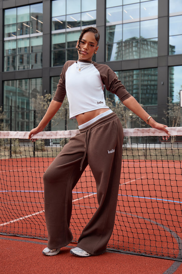 Kaiia Double Waistband Wide Leg Joggers Bitter Chocolate & Sky Blue