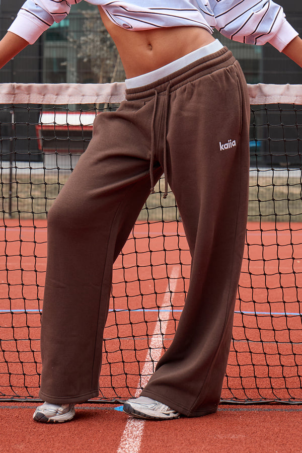 Kaiia Double Waistband Wide Leg Joggers Bitter Chocolate & Sky Blue
