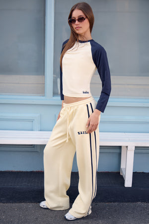 Kaiia Sport Side Stripe Wide Leg Joggers Butter Yellow & Navy