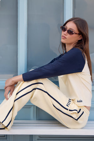 Kaiia Sport Side Stripe Wide Leg Joggers Butter Yellow & Navy