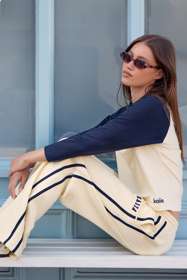 Kaiia Sport Side Stripe Wide Leg Joggers Butter Yellow & Navy