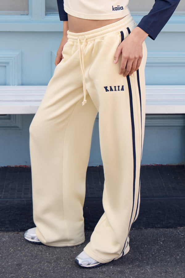 Kaiia Sport Side Stripe Wide Leg Joggers Butter Yellow & Navy
