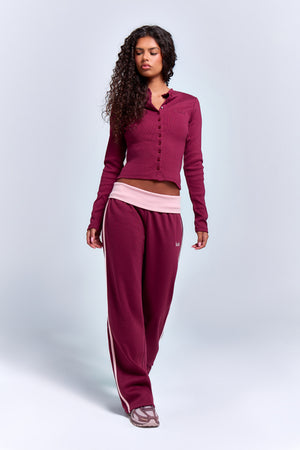 Kaiia Striped Foldover Wide Leg Joggers Burgundy & Pink Chai