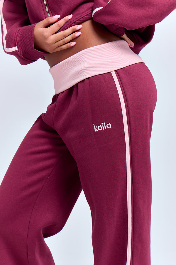 Kaiia Striped Foldover Wide Leg Joggers Burgundy & Pink Chai