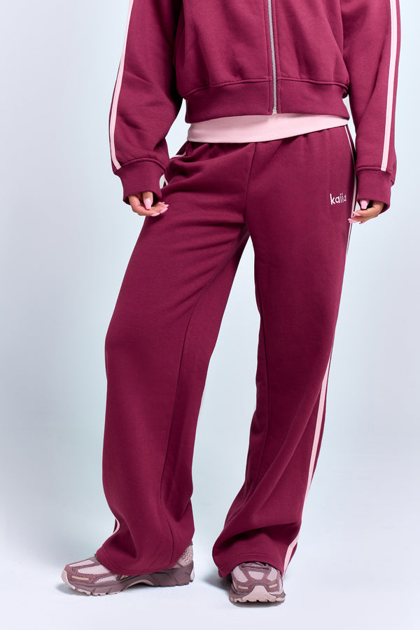Kaiia Striped Foldover Wide Leg Joggers Burgundy & Pink Chai