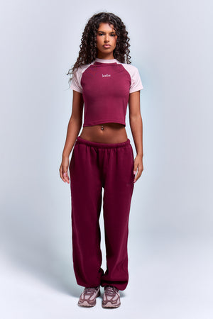 Kaiia Striped Foldover Wide Leg Joggers Burgundy & Pink Chai