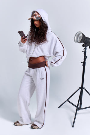 Kaiia Striped Foldover Wide Leg Joggers Light Grey Marl & Chocolate