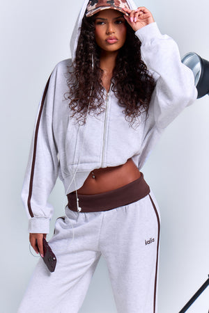 Kaiia Striped Foldover Wide Leg Joggers Light Grey Marl & Chocolate