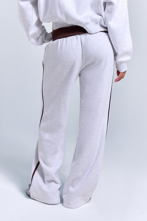 Kaiia Striped Foldover Wide Leg Joggers Light Grey Marl & Chocolate