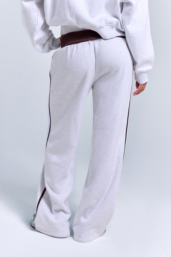 Kaiia Striped Foldover Wide Leg Joggers Light Grey Marl & Chocolate