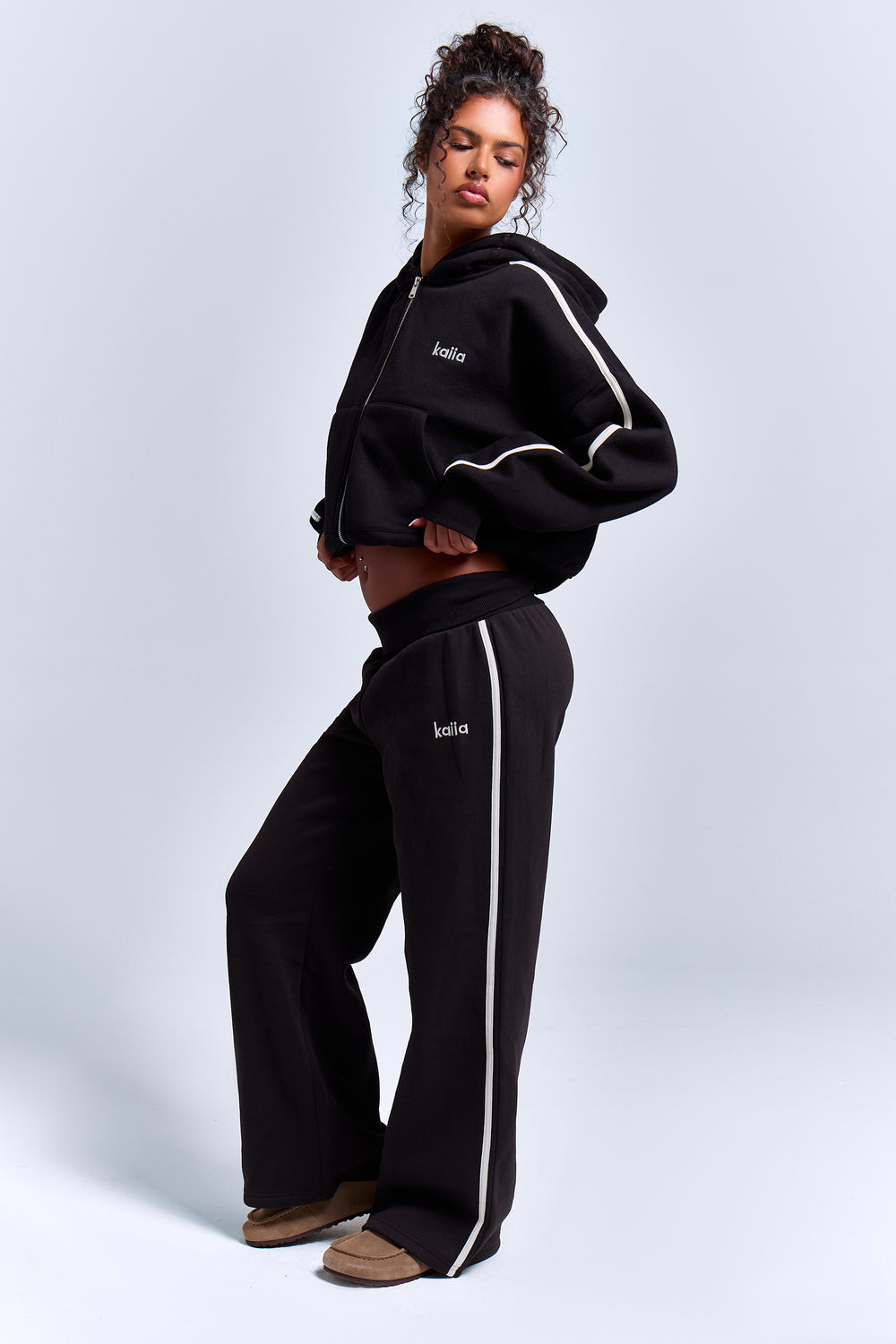 Kaiia Striped Foldover Wide Leg Joggers Black & White