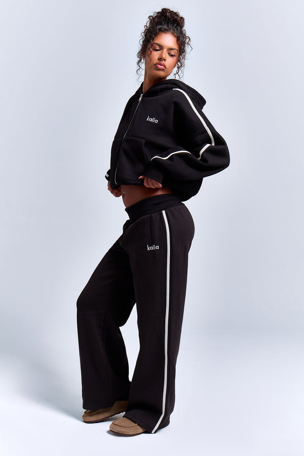 Kaiia Striped Foldover Wide Leg Joggers Black & White