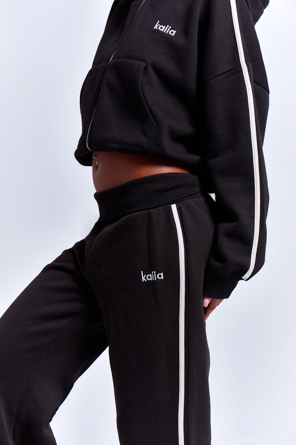 Kaiia Striped Foldover Wide Leg Joggers Black & White