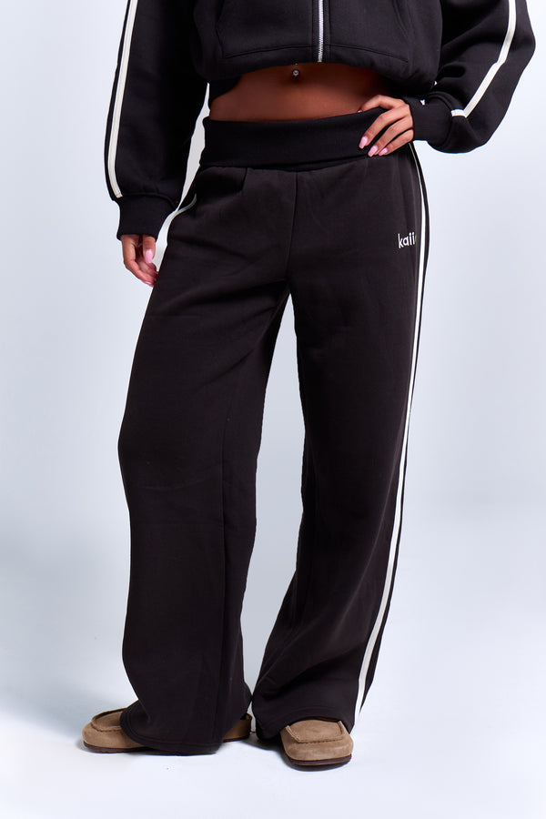 Kaiia Striped Foldover Wide Leg Joggers Black & White