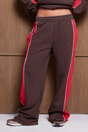 Kaiia Contrast Piping Side Stripe Wide Leg Joggers Brown & Red