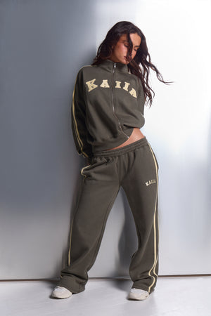 Kaiia Sport Stripe Wide Leg Joggers Smoke Olive & Lemon