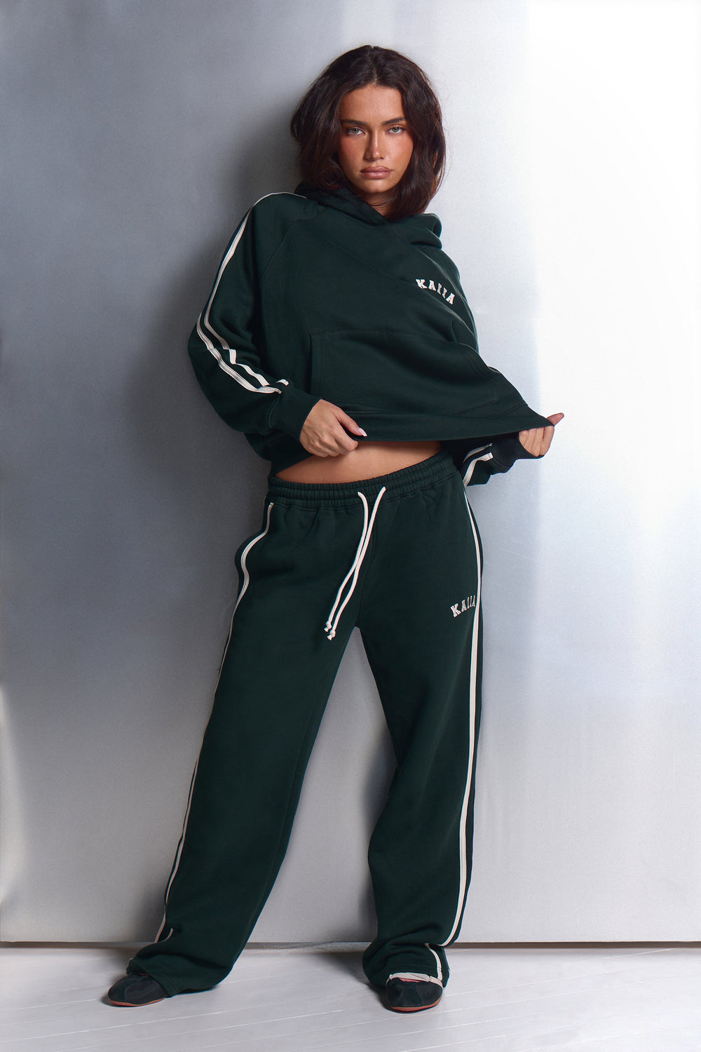 Kaiia Side Stripe Wide Leg Joggers Dark Pine & White