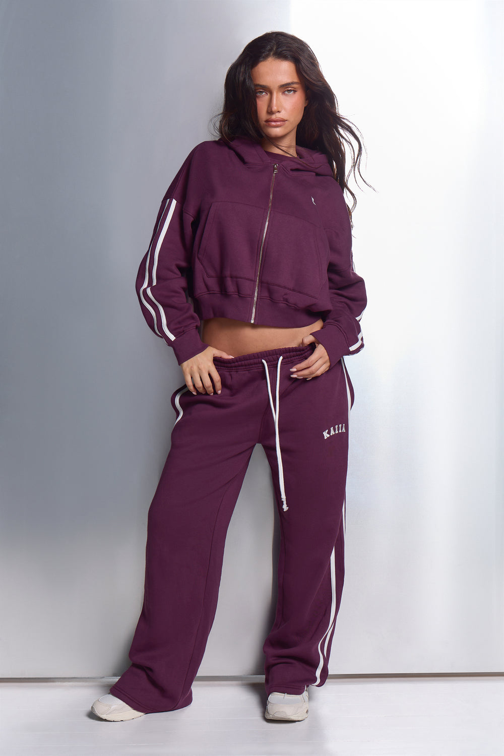 Kaiia Side Stripe Wide Leg Joggers Dark Plum & White