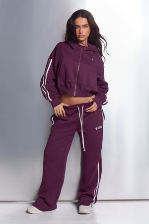 Kaiia Side Stripe Wide Leg Joggers Dark Plum & White