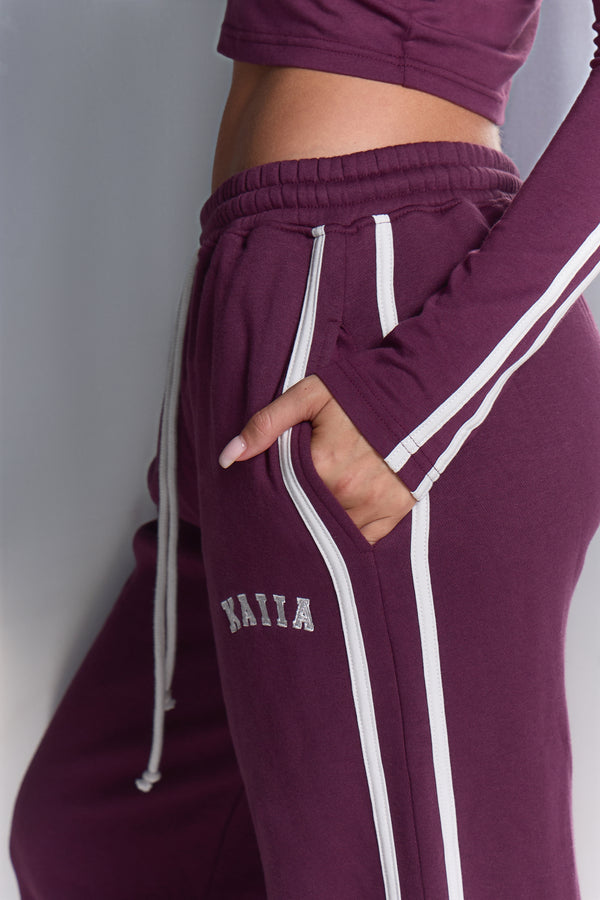 Kaiia Side Stripe Wide Leg Joggers Dark Plum & White