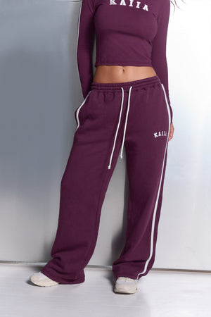 Kaiia Side Stripe Wide Leg Joggers Dark Plum & White
