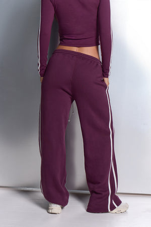 Kaiia Side Stripe Wide Leg Joggers Dark Plum & White