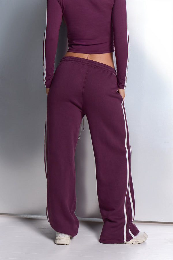 Kaiia Side Stripe Wide Leg Joggers Dark Plum & White