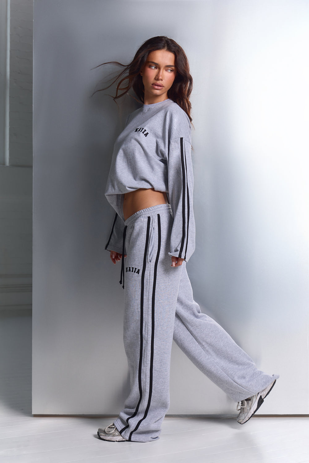 Kaiia Side Stripe Wide Leg Joggers Mid Grey Marl & Black