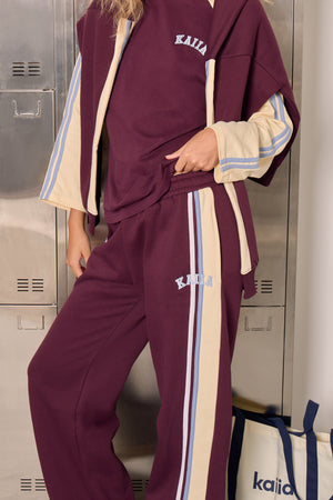 Kaiia Sport Side Stripe Wide Leg Joggers Deep Plum & Lemon